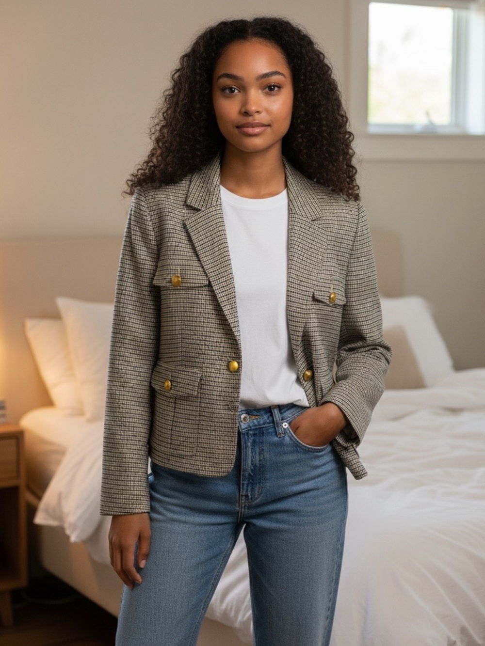 LOFT Taupe and Black Houndstooth Cropped Blazer Medium Petite
